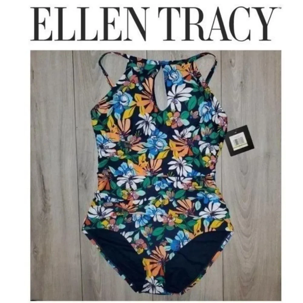 Ellen Tracy women's floral Keyhole High-Neck one piece Swimsuit size 8 - Picture 6 of 12